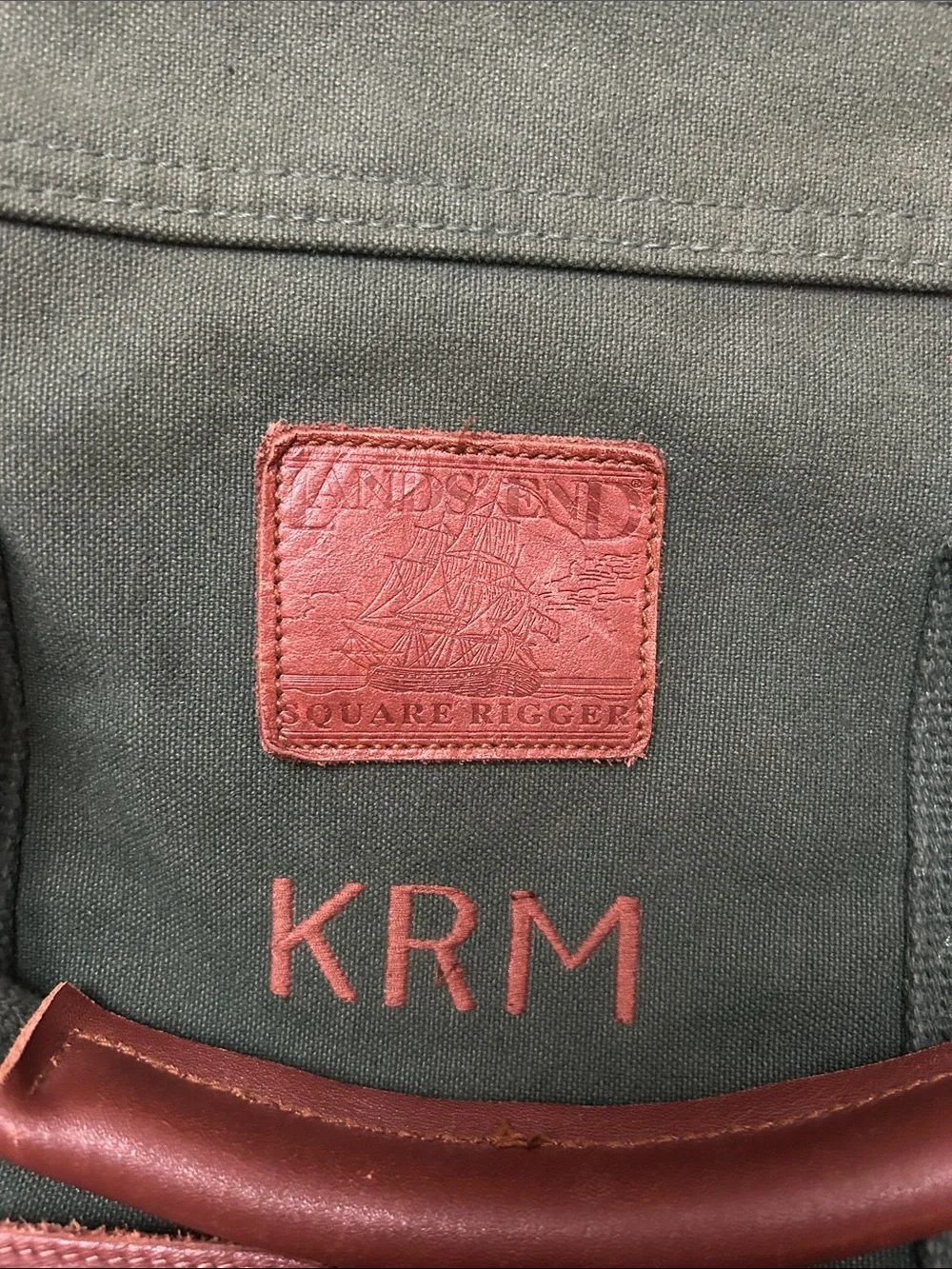 VTG Lands' End Dark Green Canvas Duffel with Brown Trim large square rigger